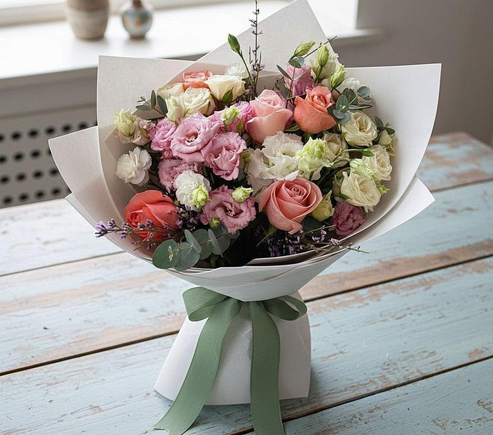 Букет цветов из: Розы, Лизиантусы и Гвоздики в Шебекино